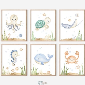 Impresiones de viveros bajo el mar, carteles de animales náuticos del océano, conjunto de grabados de viveros para niños, arte de pared de animales marinos, decoración de sala de juegos, DESCARGA DIGITAL