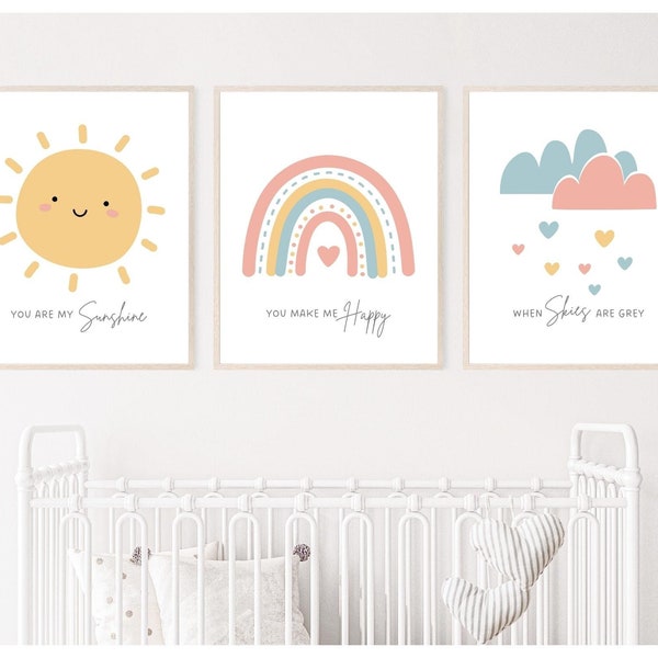 Set of 3 You Are My Sunshine Nursery Prints | Gender Neutral Nursery Decor | Kids Bedroom Playroom Printable Wall Art | DIGITAL DOWNLOAD