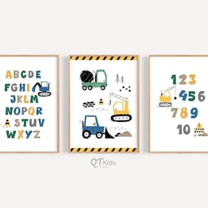 Construction Alphabet Number Posters, Construction Vehicles ABC Number Nursery Prints, Boy Playroom Prints, Kids Wall Art, DIGITAL DOWNLOAD