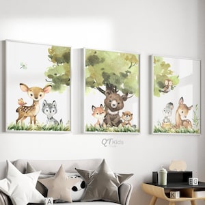 森の保育園のプリント、森の子供部屋の装飾、性別を問わない森の動物のポスター 3 枚セット、赤ちゃんの動物のウォールアート、デジタルダウンロード