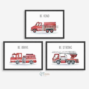 Watercolour Fire Truck Prints, Firefighter Fire Engine Nursery Wall Art, Boy Room Decor, Horizontal Vehicle Posters, DIGITAL DOWNLOAD