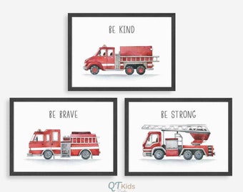 Watercolour Fire Truck Prints, Firefighter Fire Engine Nursery Wall Art, Boy Room Decor, Horizontal Vehicle Posters, DIGITAL DOWNLOAD