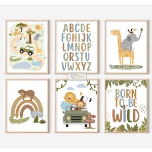 Láminas de safari para guardería, alfabeto de animales de safari para imprimir en la pared, decoración de sala de juegos para niños, juego de 6 láminas de jungla bohemias para guardería, DESCARGA DIGITAL