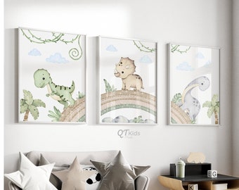 Dinosaur Nursery Prints, Boy Bedroom Decor, Watercolour Dinosaur Printable Wall Art, Toddler Boy Playroom Posters, DIGITAL DOWNLOAD