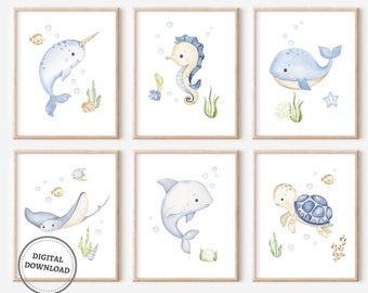 Impresiones de vivero bajo el mar, arte de pared de animales marinos, impresiones de vivero de niño, decoración de vivero de océano, impresiones de habitación de niño náutico, DESCARGA DIGITAL