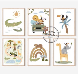 Safari-Kinderzimmer-Drucke, Safari Karte druckbare Wandkunst, Kinder Spielzimmer Dekor, Boho-Kinderzimmer-Dschungel-Druck, Elefant Löwe Giraffe DIGITAL DOWNLOAD