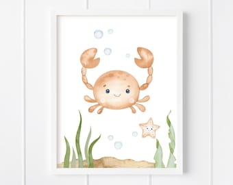 Impression de chambre de bébé sous la mer, affiches d'animaux marins de l'océan, étoiles de mer crabe rouge, art mural animaux marins, décoration de salle de jeux, téléchargement numérique