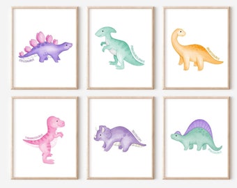 Dinosaur Prints, Girl Dinosaur Wall Art, Set of 6 Girl Dino Nursery Wall Prints, Girl Nursery Prints, Girl Playroom Prints, DIGITAL DOWNLOAD