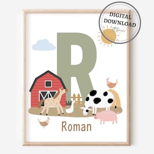 Impresiones de números ABC de granja, arte de pared personalizado para habitación de niños pequeños, aprendizaje educativo de granja, carteles de animales de granero, DESCARGA DIGITAL