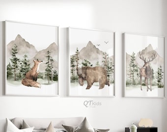 Woodland Animal Prints, Boy Nursery Printable Wall Art, Forest Nursery Decor, Set of 3 Watercolour Bear Deer Fox Prints, DIGITAL DOWNLOAD
