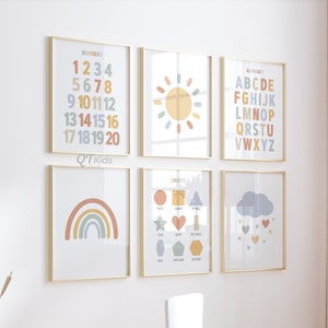 Impresiones de formas de números alfabéticos, carteles de aprendizaje preescolar, arcoíris solar, imprimible en la escuela en casa, impresiones educativas para niños, DESCARGA DIGITAL