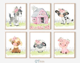 Farm Animal Nursery Prints | Girl Room Wall Art | Farm Nursery Decor | Farm Animal Wall Art Girl Room Prints Set of 6 | DIGITAL DOWNLOAD