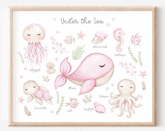 Under the Sea Nursery Print, Pink Sea Animal Wall Art, Girl Nursery Ocean Print, Nautical Watercolour Sea Animal Poster, DIGITAL DOWNLOAD