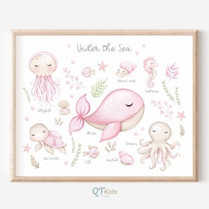 Unter dem Meer Aquarell Meerestier Poster, Rosa Meerestier Poster, Aquarell Meerestier Bild, Mädchen Poster, DIGITALER DOWNLOAD