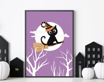 Halloween Nursery Print, Kids Room Halloween Wall Art, Black Cat Broomstick Poster, Kids Playroom, Halloween Party Decor, DIGITAL DOWNLOAD