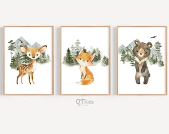 Woodland Nursery Prints, Boy Nursery Wall Art Prints, Set of 3 Woodland Animal Nursery Wall Art, Woodland Kids Room Decor, DIGITAL DOWNLOAD