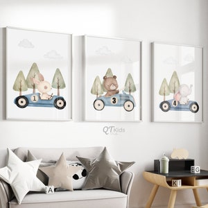 Blue Race Car Nursery Prints, Woodland Animals in Cars, Toddler Boy Playroom Printable Wall Art, Bear Elephant Bunny, DIGITAL DOWNLOAD