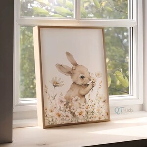 Bunny Wildflowers Printable Wall Art, Girl Nursery Print, Beige Floral Nursery Decor, Brown Rabbit Boho Nursery Print, DIGITAL DOWNLOAD