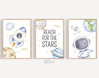 Space Nursery Prints, Space Astronaut Planets Rocket, Blue Playroom Decor, Toddler Boy Room Wall Art, Reach for the Stars, DIGITAL DOWNLOAD
