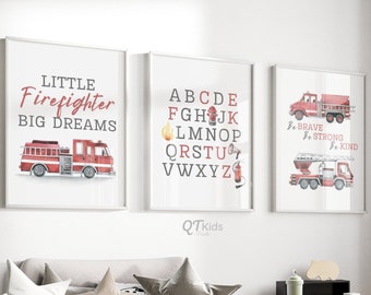 Watercolour Fire Truck Prints, Firefighter Fire Engine Nursery Wall Art, Boy Room Decor, Playroom Truck Vehicles Posters, DIGITAL DOWNLOAD