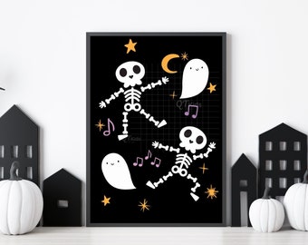 May include: A black and white printable Halloween art print featuring two skeletons dancing with ghosts and stars on a black background. The print has the text "QTrends" in the bottom right corner.