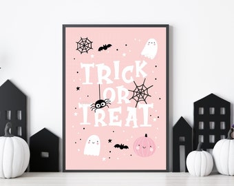 Halloween Nursery Print, Pink Halloween Decor, Kids Halloween Party Decor Signs, Trick or Treat Poster, Girl Playroom Print DIGITAL DOWNLOAD