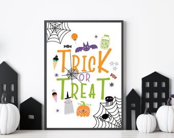 Puede incluir: Un cartel de Halloween imprimible con fondo blanco y marco negro. El cartel presenta una telaraña, un murciélago, un fantasma, una calabaza y caramelos. El texto en el cartel dice "Trick or Treat".