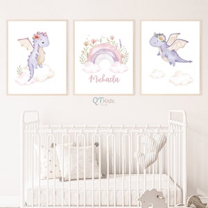 Impresiones personalizadas de vivero de dragones, impresiones personalizadas de nombres de bebés, arte de pared imprimible de habitación para niñas, decoración de vivero floral rosa, DESCARGA DIGITAL