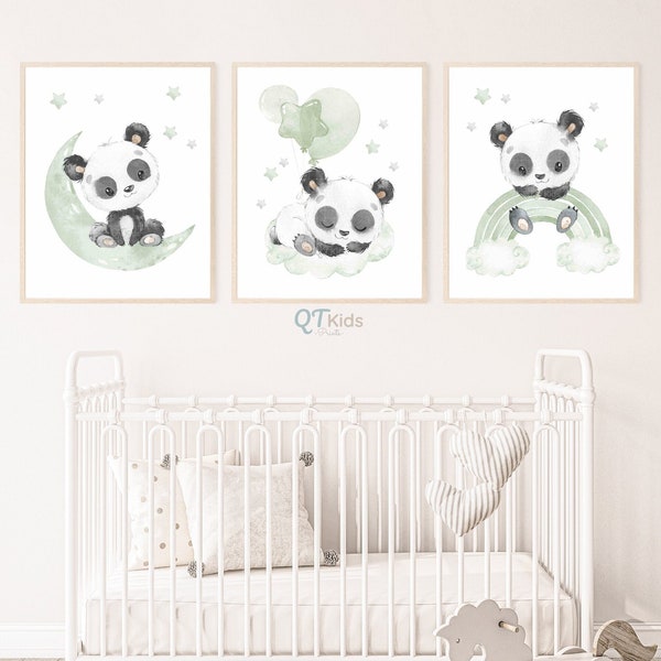 Panda Nursery Prints, Gender Neutral Nursery Printable Wall Art, Moon Rainbow Cloud Balloons, Sage Green Baby Room Decor, DIGITAL DOWNLOAD