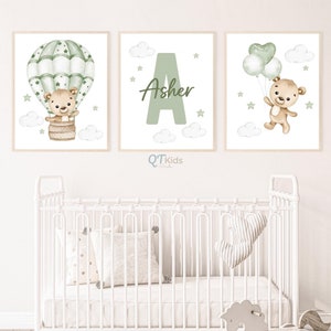 Personalized Teddy Bear Nursery Prints, Baby Boy Playroom Wall Art, Sage Green Nursery Decor,Hot Air Balloons, Name Print, DIGITAL DOWNLOAD