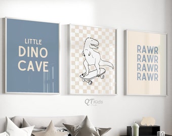 Impresiones de vivero de niño, arte de pared imprimible de dinosaurio, Dino en monopatín, cueva de Dino pequeño, Rawr, decoración de sala de juegos de Dino para niños pequeños, DESCARGA DIGITAL