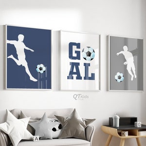 Voetbal doel afdrukbare muur kunst, jongen speelkamer sport print set van 3, blauw grijze kinderkamer decor, voetballers prenten, digitale DOWNLOAD