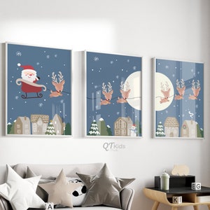 Christmas Print Set of 3, Kids Room Xmas Decor, Boy Playroom Printable Wall Art, Santa Claus Rudolph Reindeer, Christmas DIGITAL DOWNLOAD