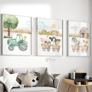 Láminas de guardería de granja, láminas artísticas de animales de granja, arte de pared para habitación de niño de granja, decoración de granja, animales de granero, láminas de tractores de granja, descarga digital