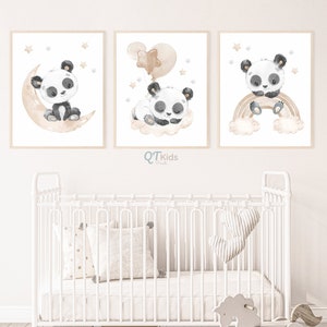 Impresiones de vivero de pandas, arte de pared imprimible de vivero neutral de género, globos de nube de arco iris de luna, decoración de habitación de bebé marrón beige, DESCARGA DIGITAL