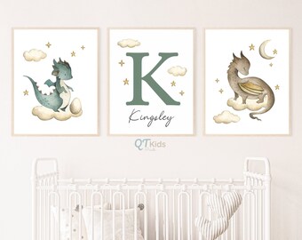 Dragon Nursery Print, Personalized Custom Name Wall Art, Dragon Playroom Decor, Baby Kids Room Green Dragon Poster, DIGITAL DOWNLOAD