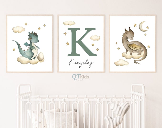 Set of 3 Dragon Nursery Wall Art Prints, Dragon Nursery Decor, Green ...
