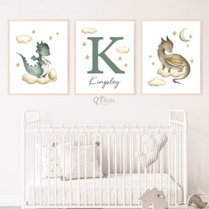 Dragon Nursery Print, Personalized Custom Name Wall Art, Dragon Playroom Decor, Baby Kids Room Green Dragon Poster, DIGITAL DOWNLOAD