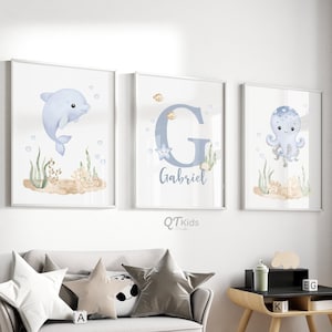 Impresiones personalizadas bajo el mar para guardería, carteles de animales marinos con nombre de bebé personalizado, decoración náutica del océano para guardería infantil, DESCARGA DIGITAL