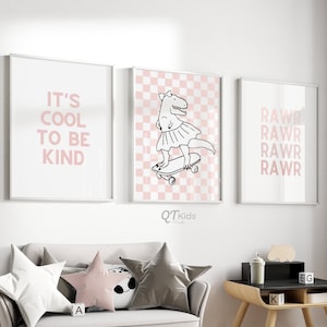 Girl Nursery Prints, Dinosaur Printable Wall Art, Dino on Skateboard, Pink Girl Dino Tutu, Rawr, Toddler Playroom Decor, DIGITAL DOWNLOAD