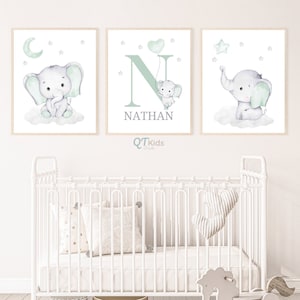 Impresiones personalizadas de la guardería del elefante del nombre, impresiones personalizadas del nombre del bebé, arte de la pared imprimible de la habitación del niño, decoración de la guardería verde, DESCARGA DIGITAL