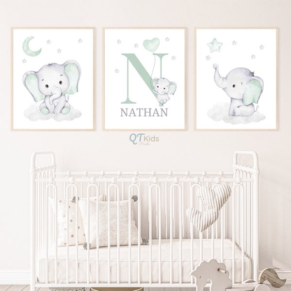 Custom Name Elephant Nursery Prints, Personalized Baby Name Prints, Boy Room Printable Wall Art, Green Nursery Decor, DIGITAL DOWNLOAD
