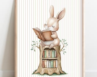 Reading Bunny Nursery Print, Woodland Animal, Book Nook Wall Art, Kids Read Books, Montessori School Classroom Poster, DIGITAL DOWNLOAD