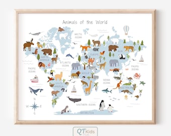 May include: A blue and white world map with animals from different continents. The map includes the names of the continents and oceans. The text "Animals of the World" is at the top of the map.