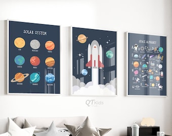 May include: Three framed prints with a space theme. The first print shows a solar system with planets and their names. The second print shows a rocket ship flying through space. The third print shows a space alphabet with letters and space-themed illustrations.