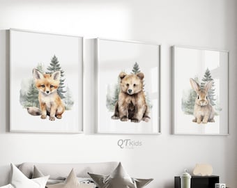 Woodland Animal Prints, Boy Nursery Printable Wall Art, Forest Animal Nursery Decor, Watercolour Bear Bunny Fox Prints, DIGITAL DOWNLOAD