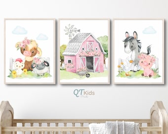 Farm Nursery Prints, Farm Animal Art Prints, Floral Girl Room Wall Art, Pink Flowers, Barn Yard Animals, Tractor Prints, DIGITAL DOWNLOAD