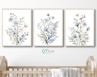 Wildflowers Nursery Prints, Girl Room Wall Art, Light Purple White Flowers, Watercolour Floral Bouquets, Farm Nursery Decor DIGITAL DOWNLOAD