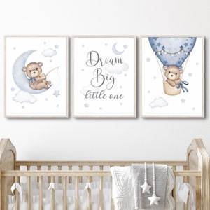 Teddy Bear Prints, Dream Big Little One, Baby Boy Room Decor, Blue Nursery Decor, Printable Wall Art, Stars Balloon Prints DIGITAL DOWNLOAD