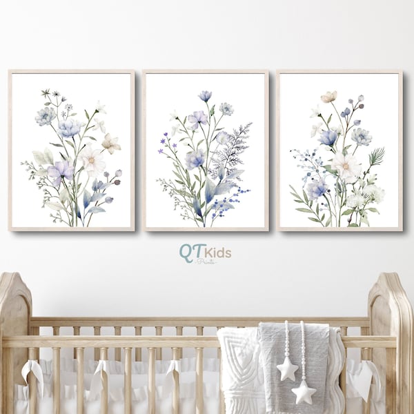 Wildflowers Nursery Prints, Girl Room Wall Art, Light Purple White Flowers, Watercolour Floral Bouquets, Farm Nursery Decor DIGITAL DOWNLOAD